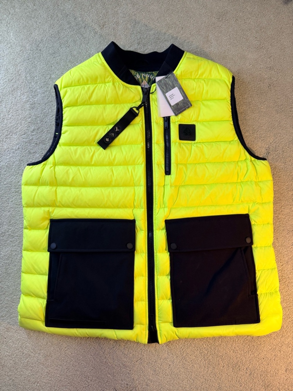 Moose Knuckles Neon Yellow and Black Quilted Puffer Vest